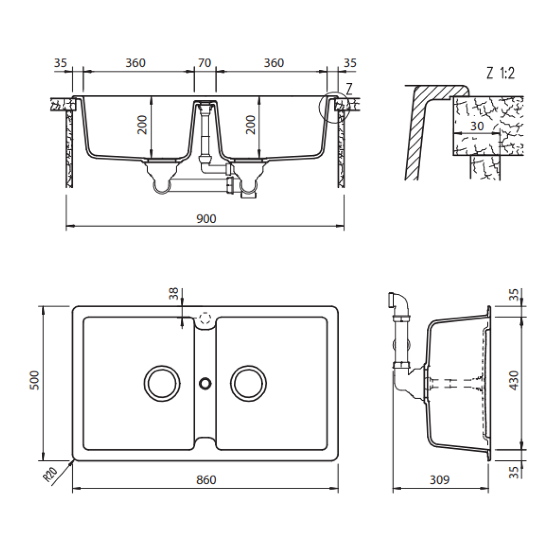 Abey Schock Typos Inset Double Bowl Sink 1TH - Alpina - TN200W