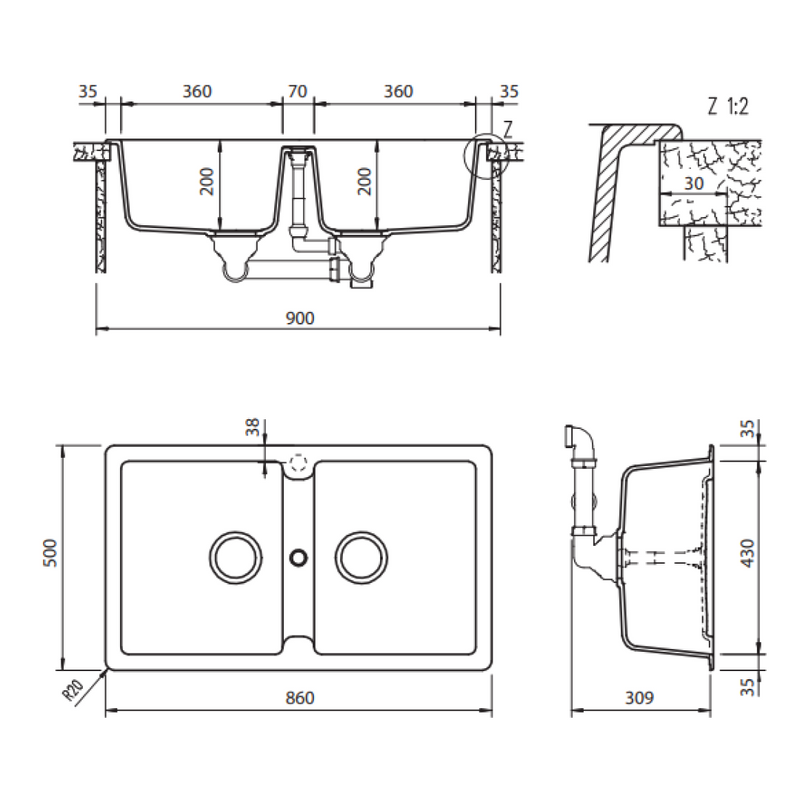 Abey Schock Typos Inset Double Bowl Sink 1TH - Concrete
