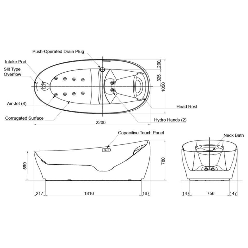 TOTO Galalato Freestanding Air-Jet Spa Bath PJYD2200PWE