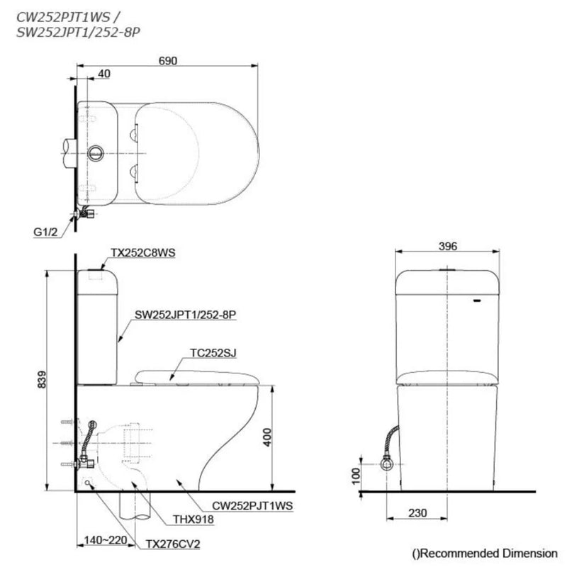 TOTO Hayon Close Coupled Toilet Suite - CW252PJT - S-Trap Connector 140mm (THX918)