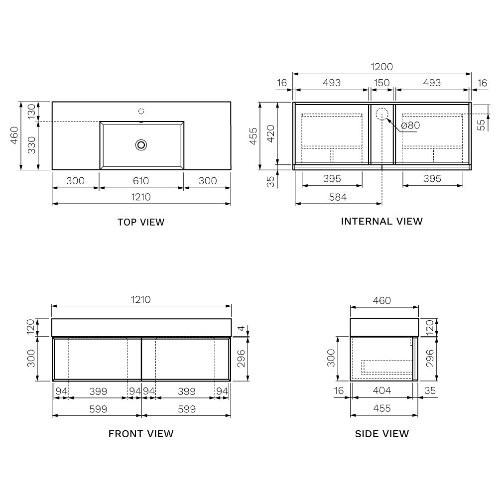 Parisi Float Twenty 1200 Wall Mounted Cabinet with Integrated Bowl Top 1TH - Matte Black - Left Bowl - TW-FT-1201L-MB
