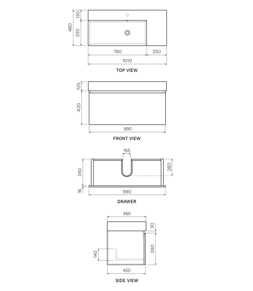 Parisi Rocki Twenty 1000 Wall Mounted Cabinet with Right Bowl Top 1TH - Right Basin Position - Steel Oak - TW-R-1001R-ST