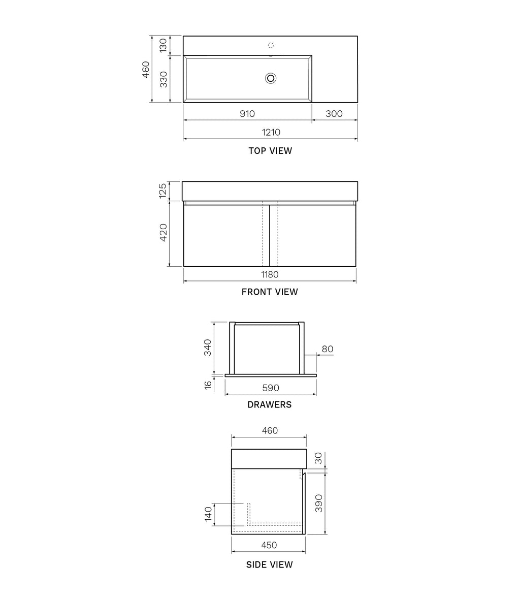Parisi Rocki Twenty 1200 Wall Mounted Cabinet with Right Bowl Top 1TH - Right Basin Position - Moka - TW-R-1201R-MK