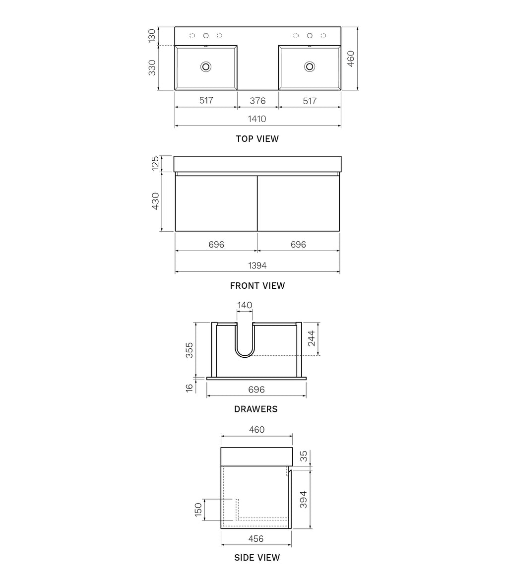 Parisi Rocki Twenty 1400 Wall Mounted Cabinet with Double Bowl Top - Moka - TW-R-1401D-MK
