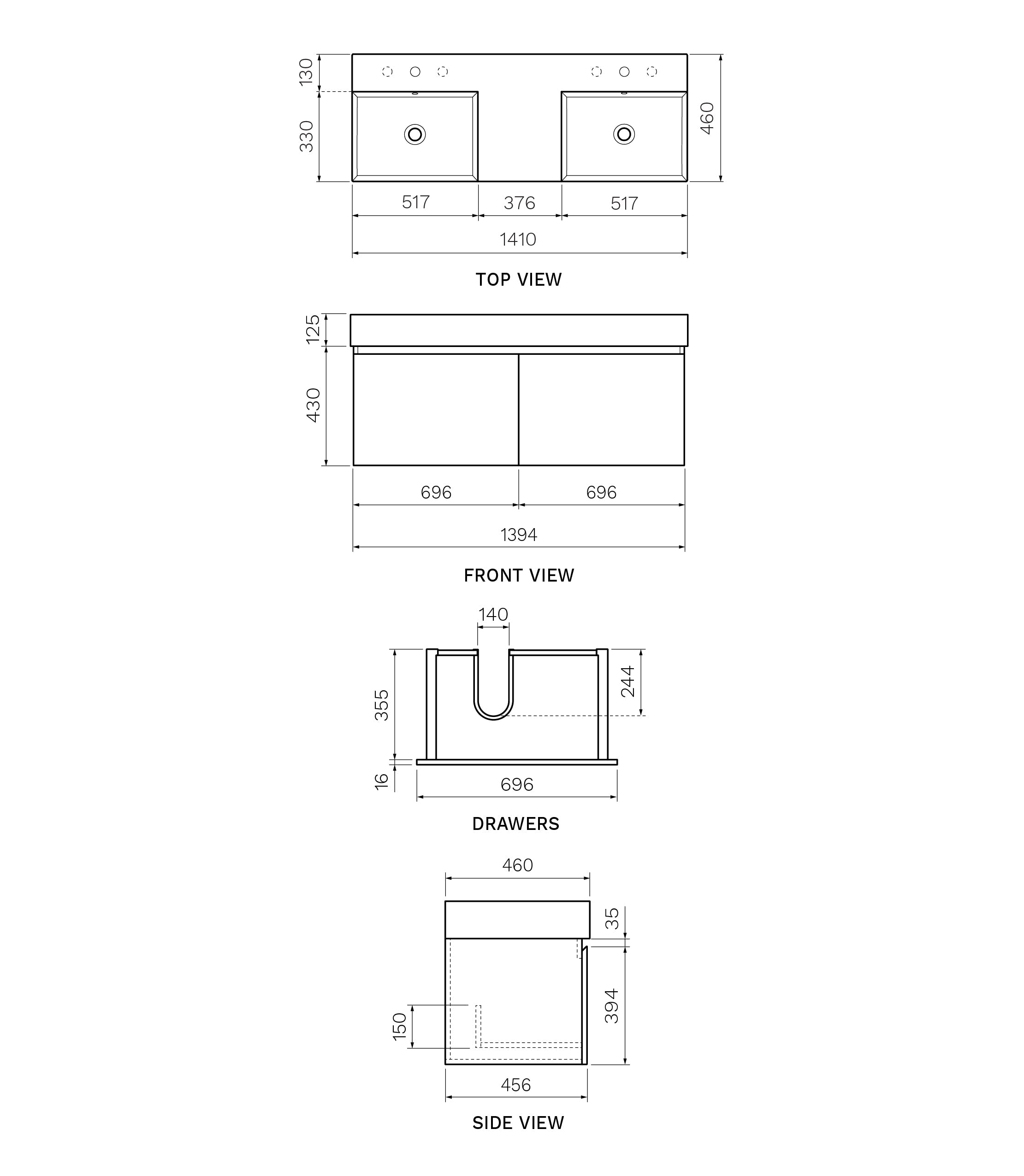 Parisi Rocki Twenty 1400 Wall Mounted Cabinet with Double Bowl Top - Sahara - TW-R-1401D-SH