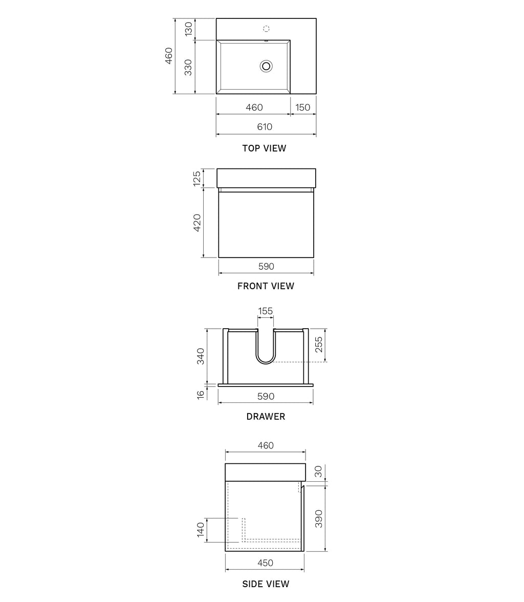 Parisi Rocki Twenty 600 Wall Mounted Cabinet with Right Bowl Top 1TH - Right Basin Position - Moka - TW-R-601R-MK