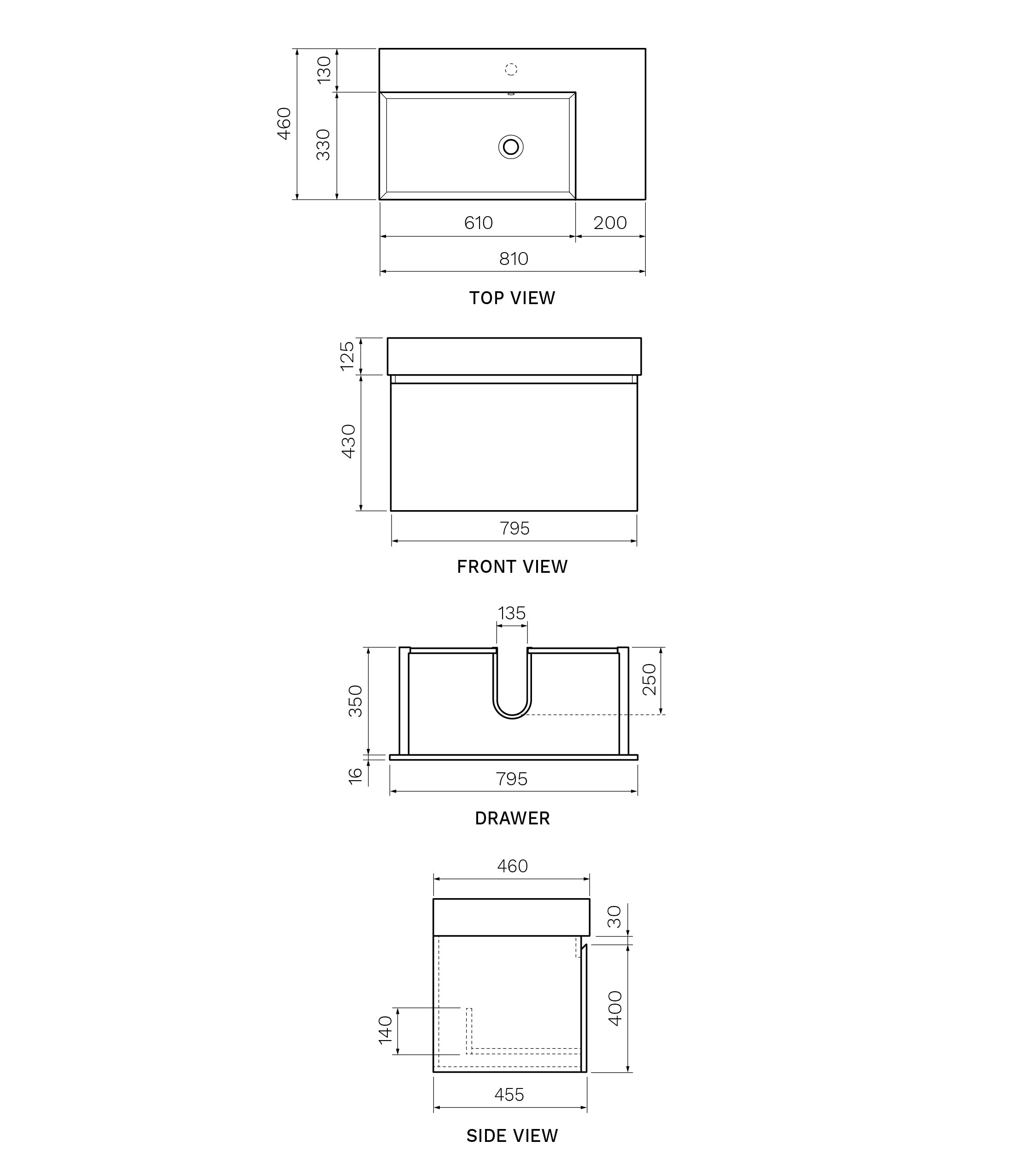 Parisi Rocki Twenty 800 Wall Mounted Cabinet with Right Bowl Top 1TH - Right Basin Position - Steel Oak - TW-R-801R-ST