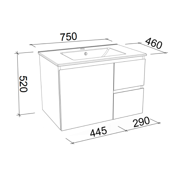 Timberline Harmony Bassini Wall Hung Vanity - 750mm - HAR-V-750-C-APH-W