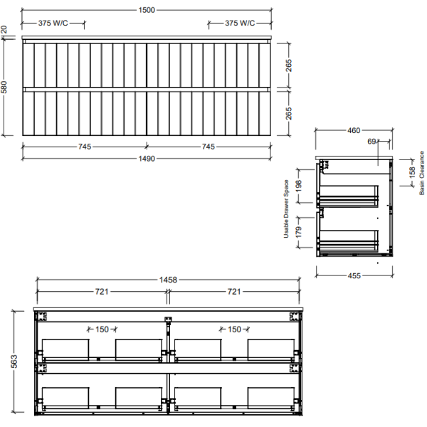 Timberline Henley 1500mm Wall Hung Double Basin Vanity Calcutta Snow