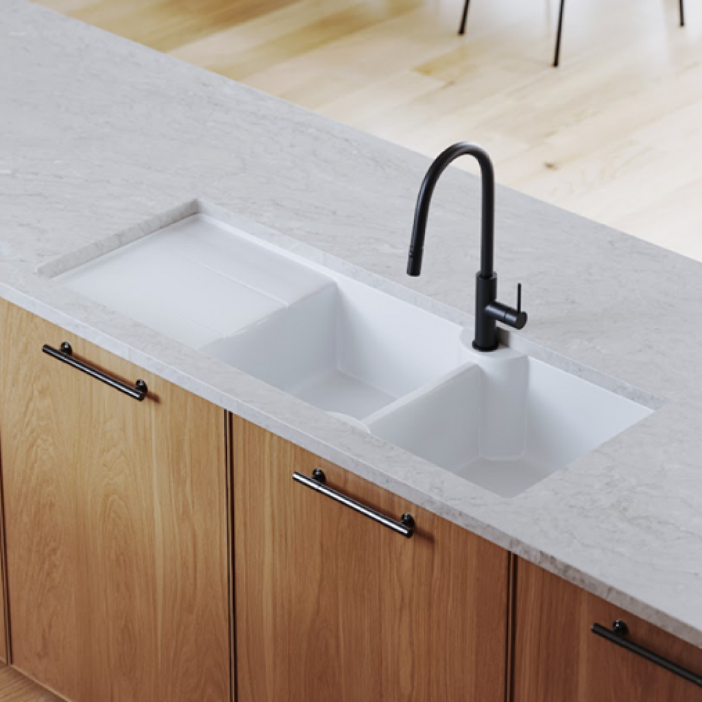 Turner Hastings 1160 Double Bowl Inset Fireclay Sink w/Right Hand Drainer - Gloss White
