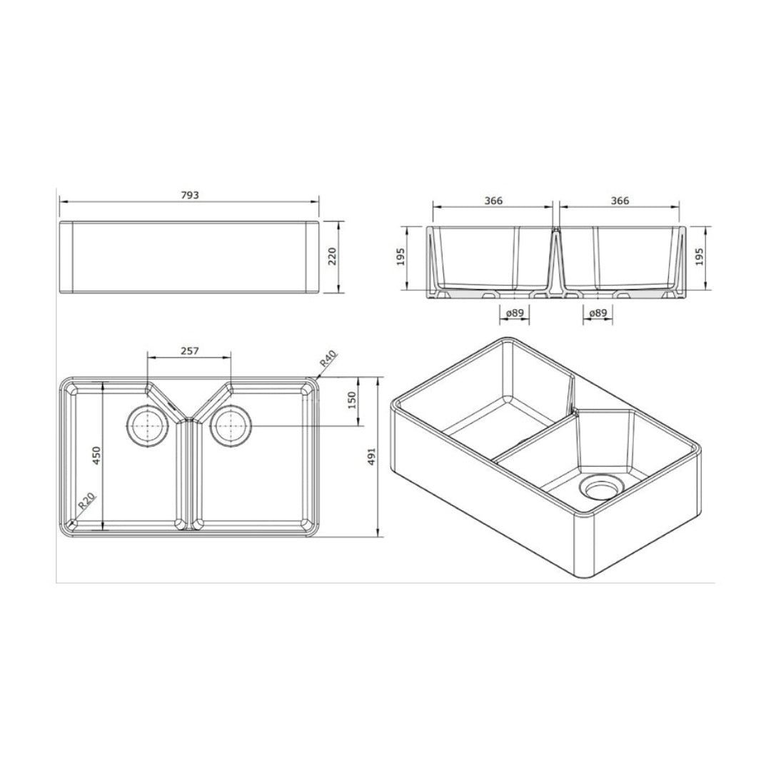 Turner Hastings Chester 80 x 50 Double Flat Front Fine Fireclay Butler Sink - 7408-NTH