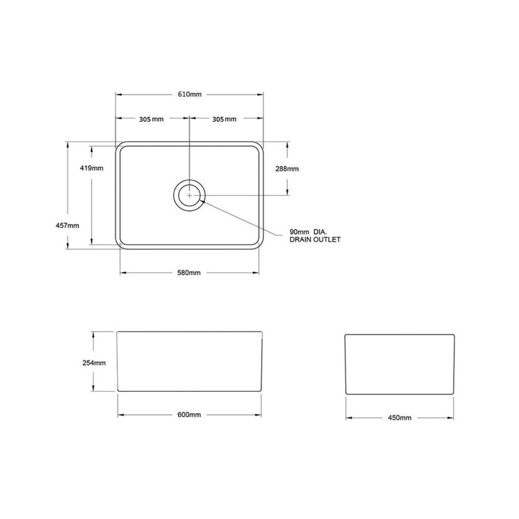 Turner Hastings Novi 60 x 46 Fine Fireclay Butler Sink Matte White - Flat/Ribbed - NO603FS-MW