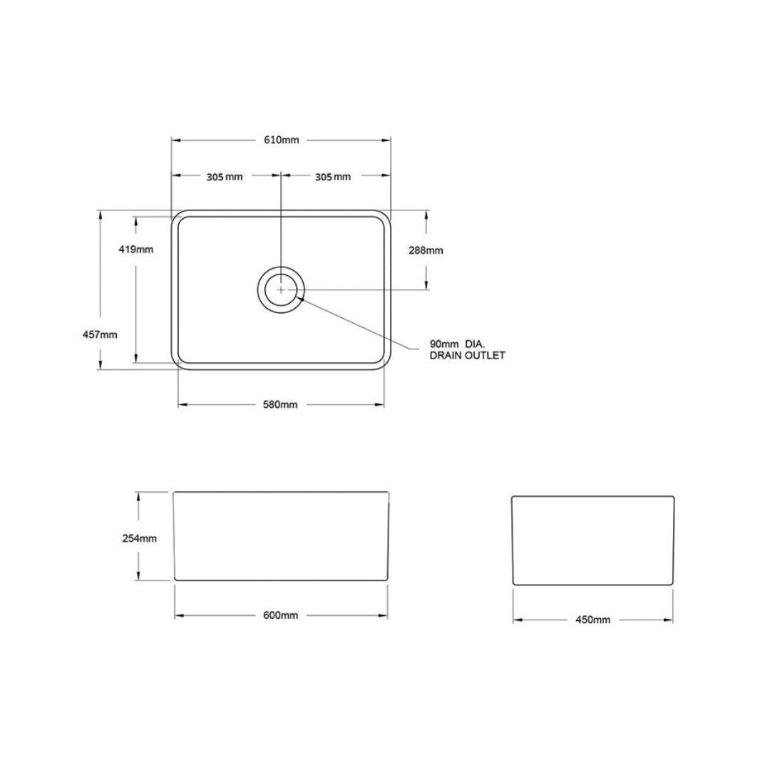 Turner Hastings Novi 60 x 46 Fine Fireclay Butler Sink Matte White - Flat/Ribbed - NO603FS-MW