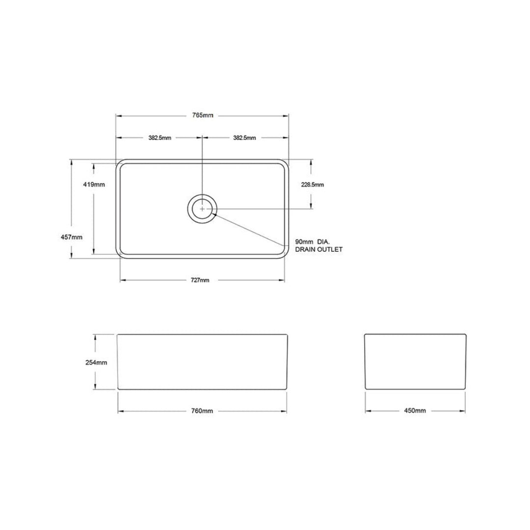 Turner Hastings Novi 75 x 46 Fine Fireclay Butler Sink - Matte White - Flat/Ribbed - NO753FS-MW