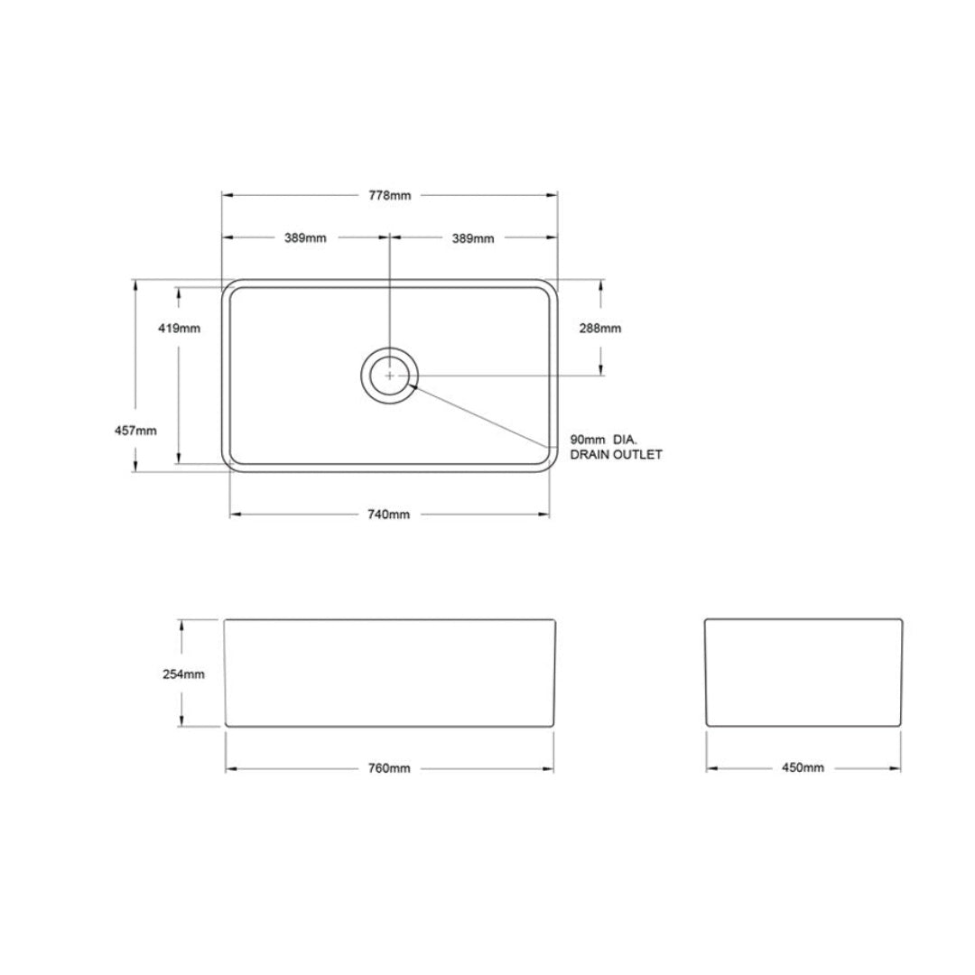 Turner Hastings Novi 75 x 46 Fine Fireclay Butler Sink Matte Black - NO75FS-MB