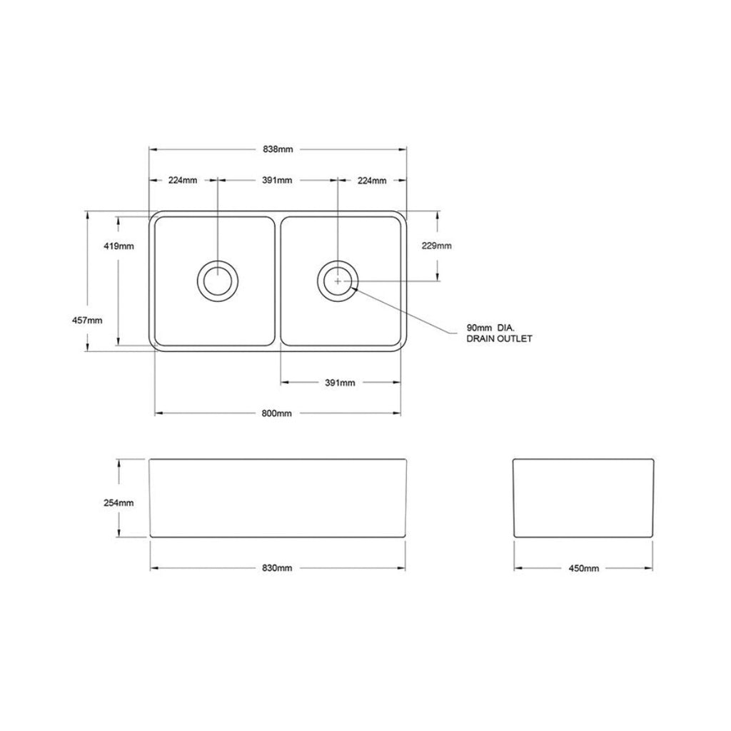Turner Hastings Novi 85 x 46 Fine Fire Clay Butler Sink Matte White - Flat/Ribbed - NO853FS-MW