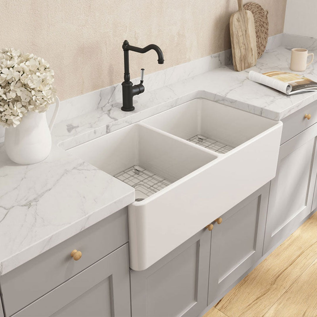 Turner Hastings Novi 85 x 46 Fine Fire Clay Butler Sink Matte White - Flat/Ribbed - NO853FS-MW