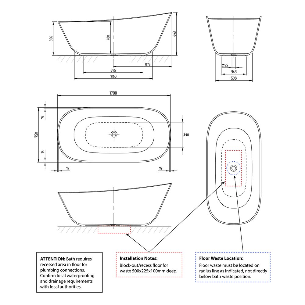 Villeroy & Boch Theano 1700 Curved Quaryl Freestanding Bath - Grey - UBQ170ANH7F200V-3S
