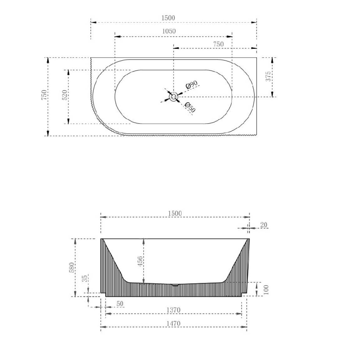 Cassa Design V-Groove 1500mm Right Hand Corner Acrylic Back to Wall Bath Includes Overflow - Matte White - BT-VG1500R
