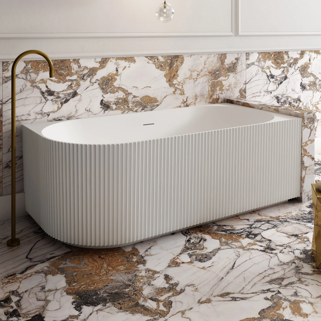 Cassa Design V-Groove 1500mm Right Hand Corner Acrylic Back to Wall Bath Includes Overflow - Matte White - BT-VG1500R