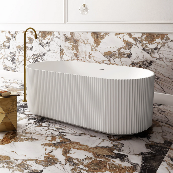 Cassa Design V-Groove 1500mm Freestanding Round Acrylic Bath Includes Overflow - Matte White