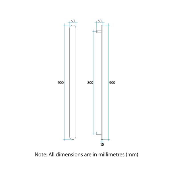 Thermorail 12V Flat Pill 900 Vertical Single Heated Towel Rail - VP900BR Brushed Stainless Steel