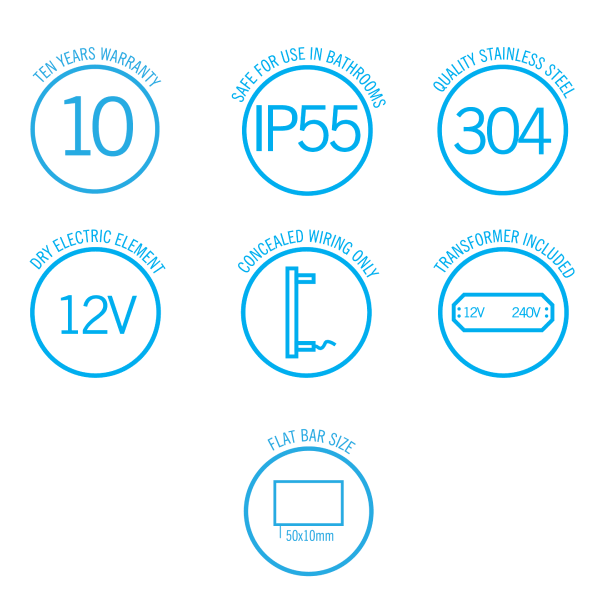 Thermorail 12V Flat Pill 900 Vertical Single Heated Towel Rail - VP900 Polished Stainless Steel