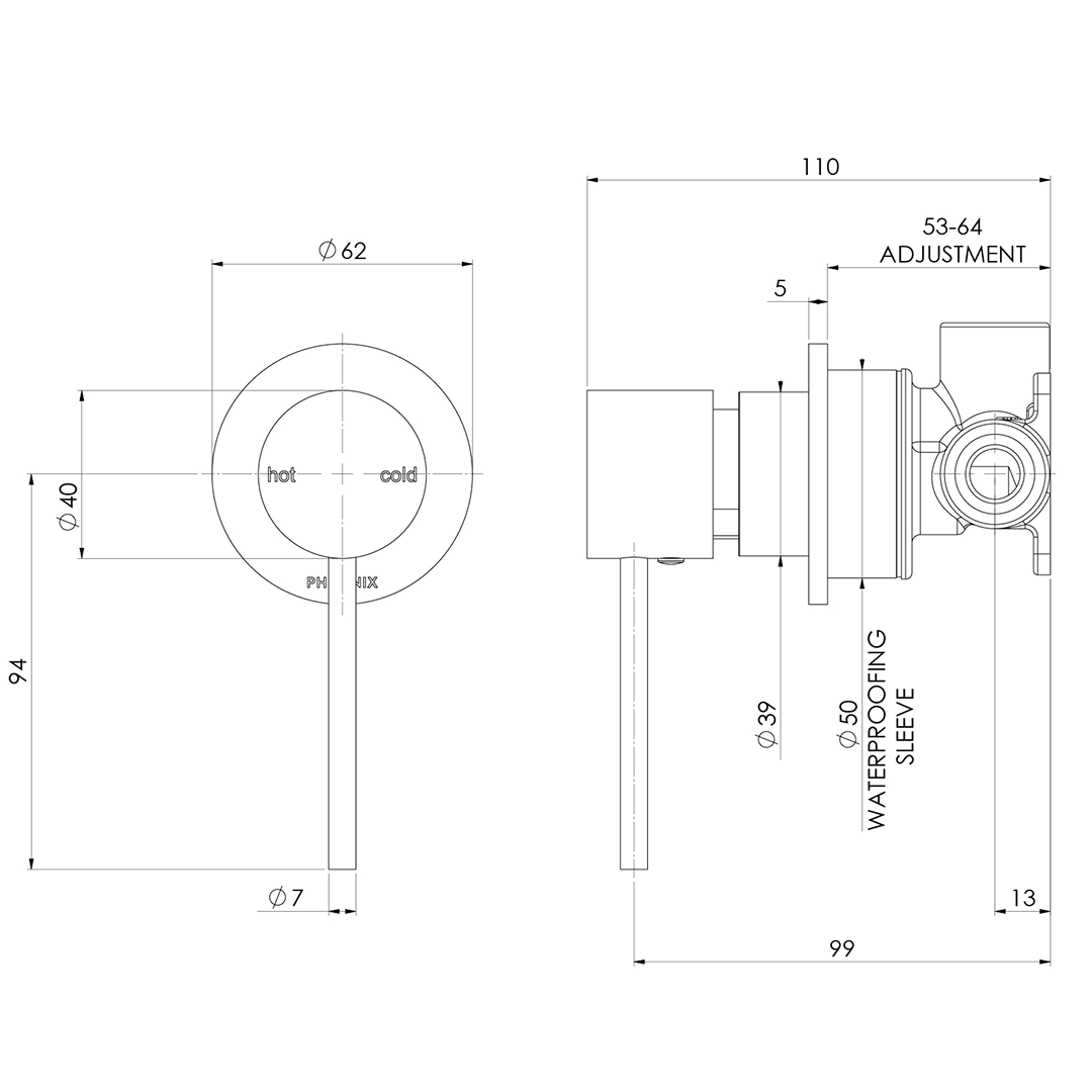 Phoenix Vivid Slimline SwitchMix Wall Shower Mixer 60mm Backplate (Includes In-Wall Body) - LF Matte Black - VS2801-10-1
