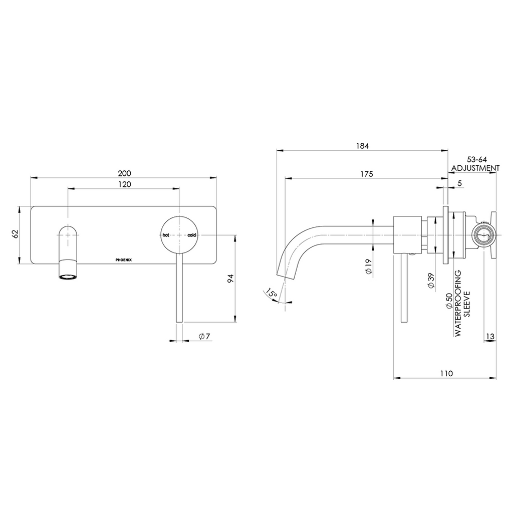 Phoenix Vivid Slimline SwitchMix Wall Basin/Bath Mixer Set 180mm (Includes In-Wall Body) - LF Chrome - VS2810-00-1