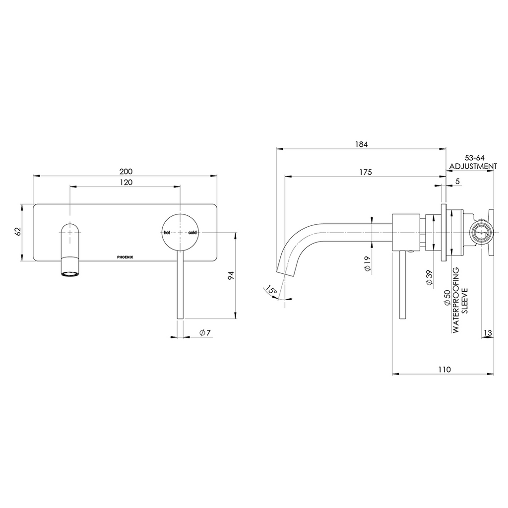 Phoenix Vivid Slimline SwitchMix Wall Basin/Bath Mixer Set 180mm (Includes In-Wall Body) - LF Matte Black VS2810-10-1