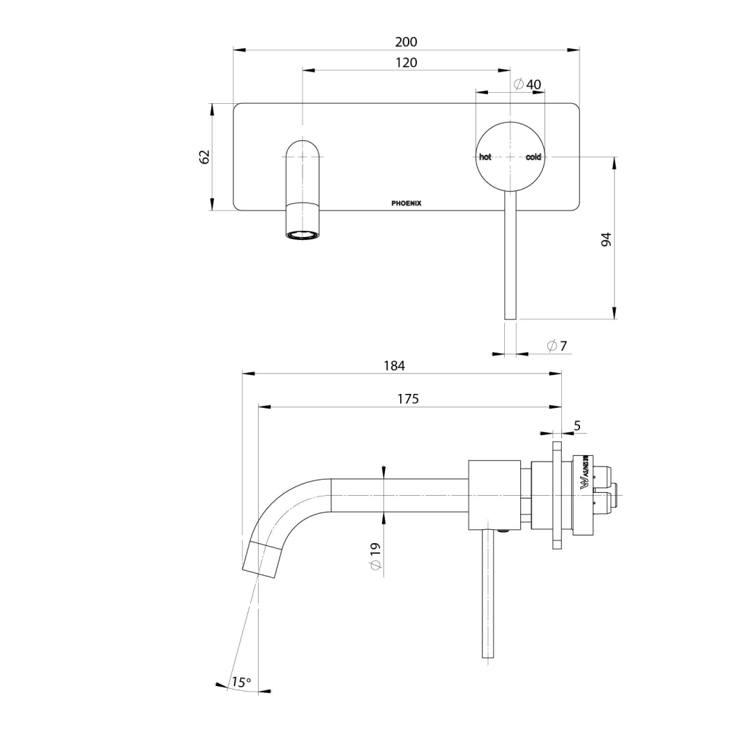 Phoenix Vivid Slimline SwitchMix 180mm Wall Basin/Basin Mixer Trim - LF Matte Black - VS2812-10-1