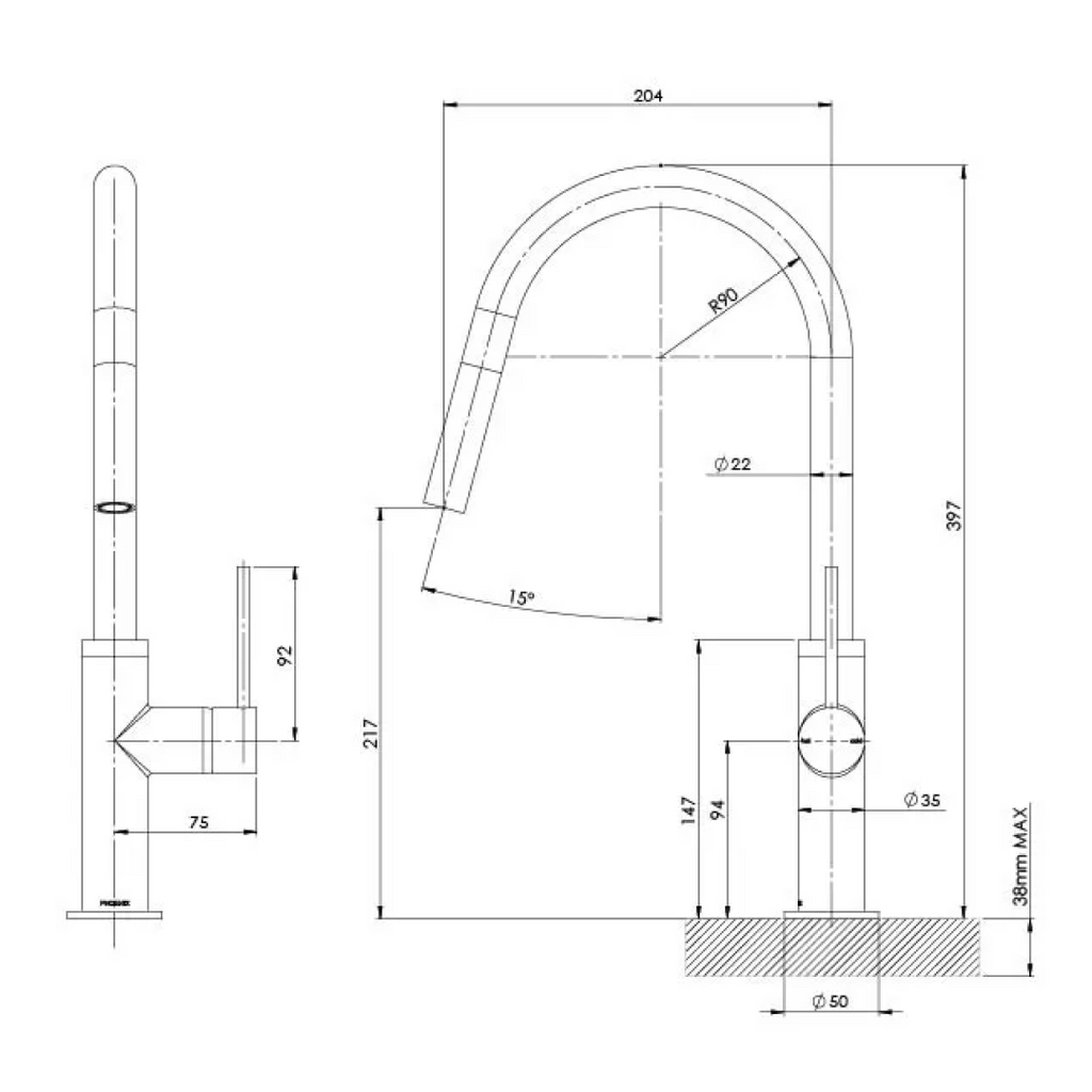 Phoenix Vivid Slimline Pull Out Sink Mixer 200mm - LF Brushed Gold - VS7105-12-1