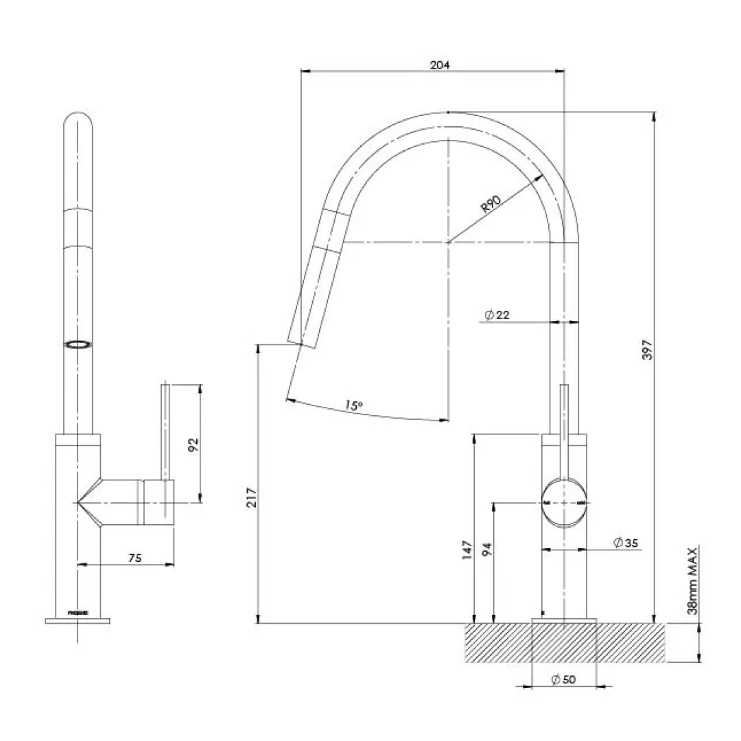 Phoenix Vivid Slimline Pull Out Sink Mixer 200mm - LF Brushed Gold - VS7105-12-1