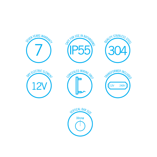 Thermorail 12V Straight 900 Round Vertical Single Heated Towel Rail - VS900HBL Horizon Blue