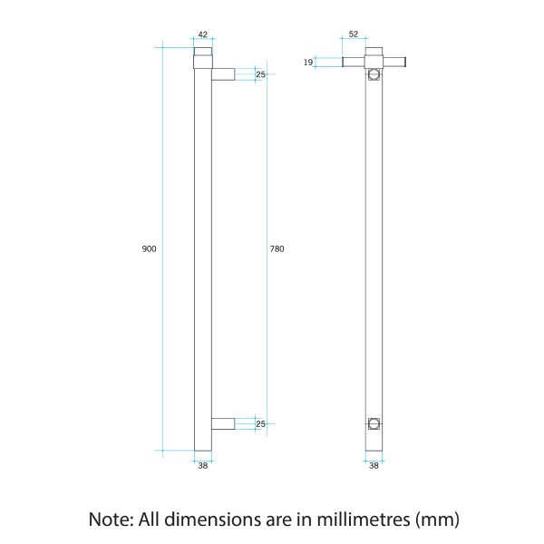 Thermorail 12V Straight 900 Round Vertical Single Heated Towel Rail - VS900HBL Horizon Blue