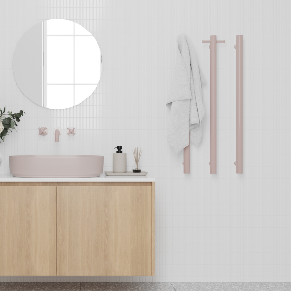 Thermorail 12V Straight 900 Round Vertical Single Heated Towel Rail - VS900HDP Dusty Pink