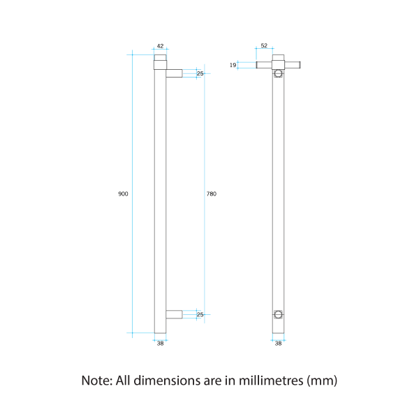 Thermorail 12V Straight 900 Round Vertical Single Heated Towel Rail - VS900HDP Dusty Pink