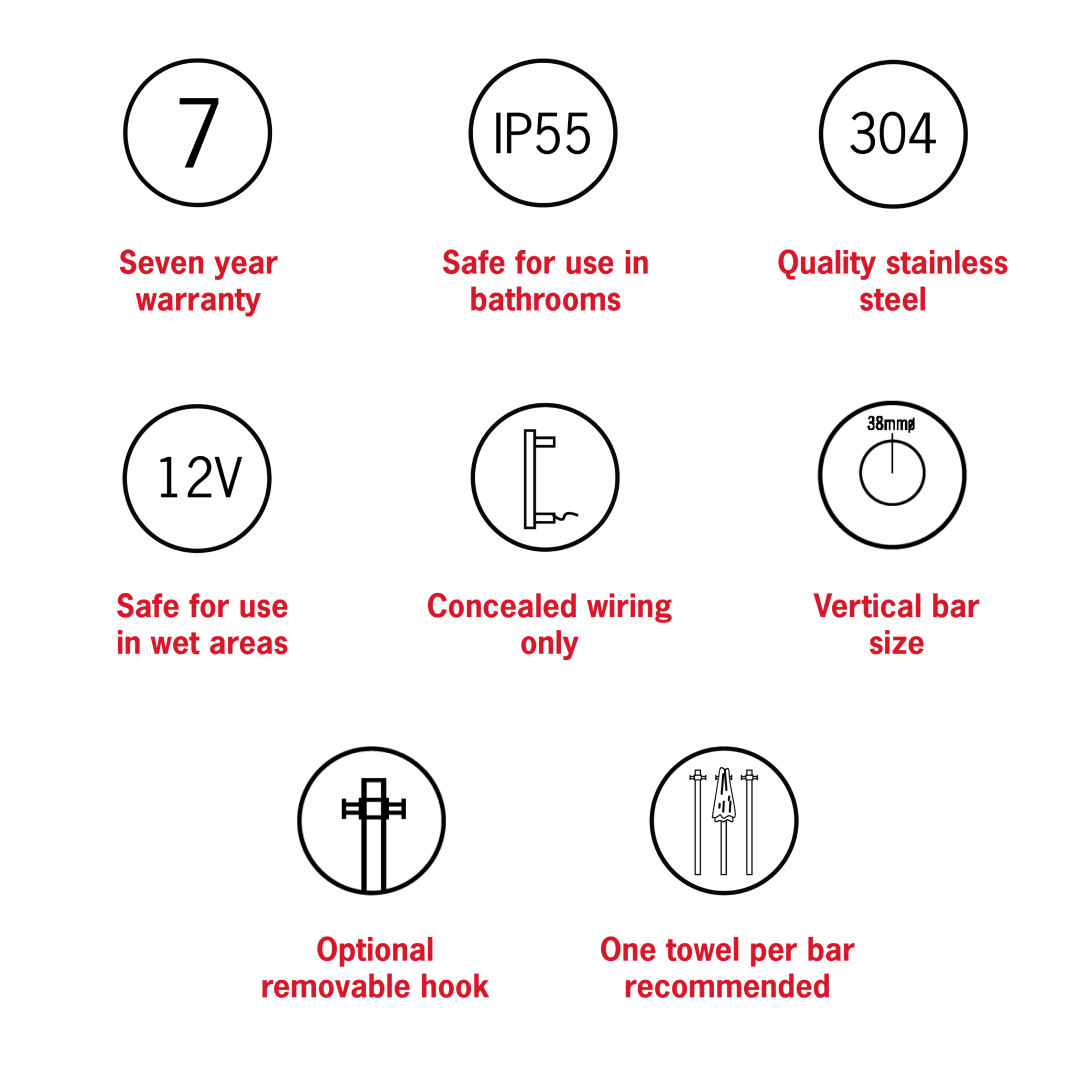 Thermogroup Straight Round Vertical Single Heated Towel Rail - Matte White - VS900HMW