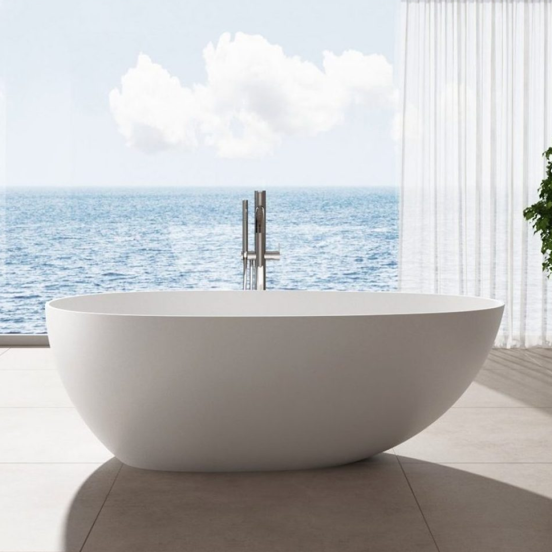 Kaskade Alice Freestanding Egg-Shaped Stone Bath No Overflow - Matte White VX03-1700