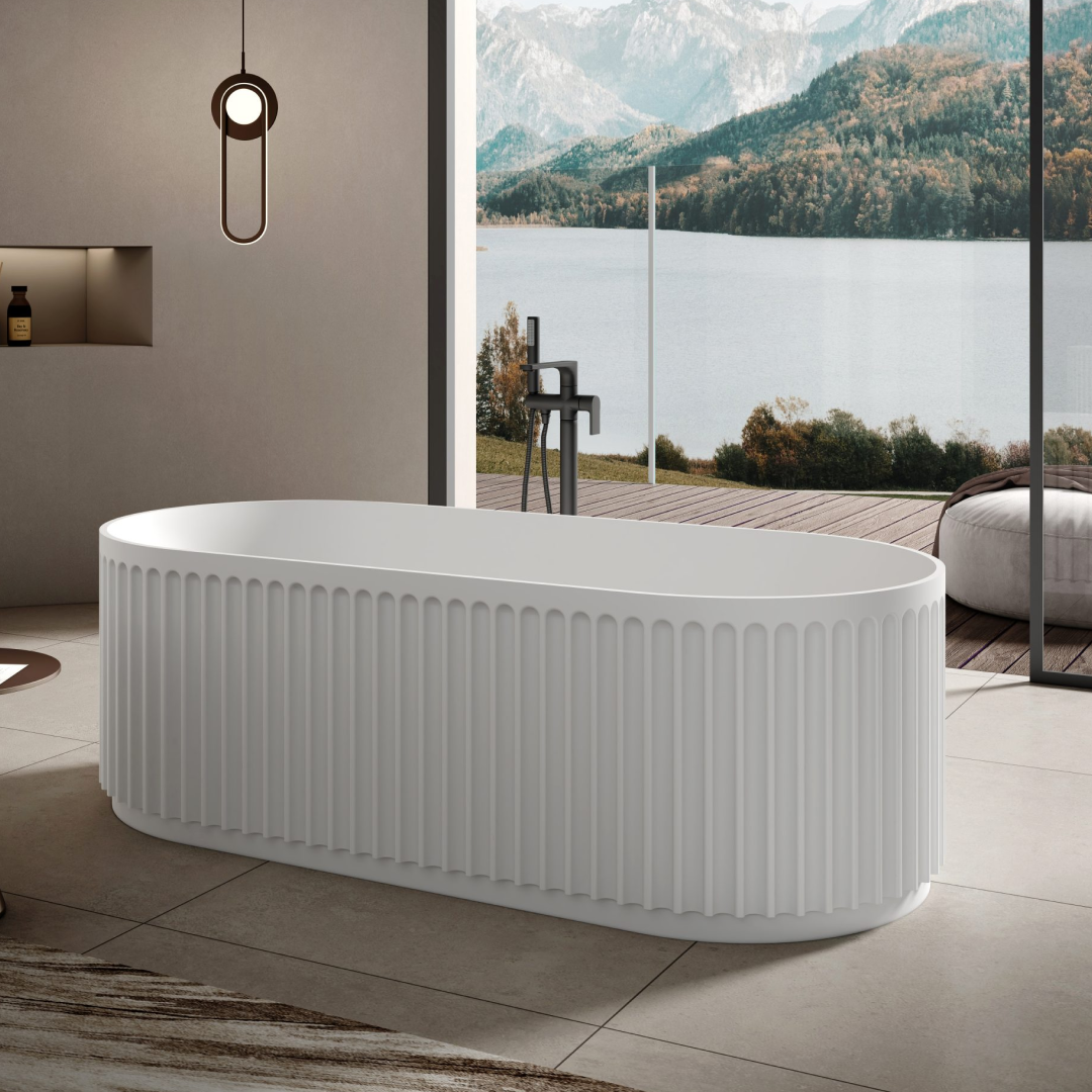Kaskade Monroe VX16-1700 Freestanding Fluted Stone Bath Includes Overflow - Matte White - VX16-1700-NIK8689NA