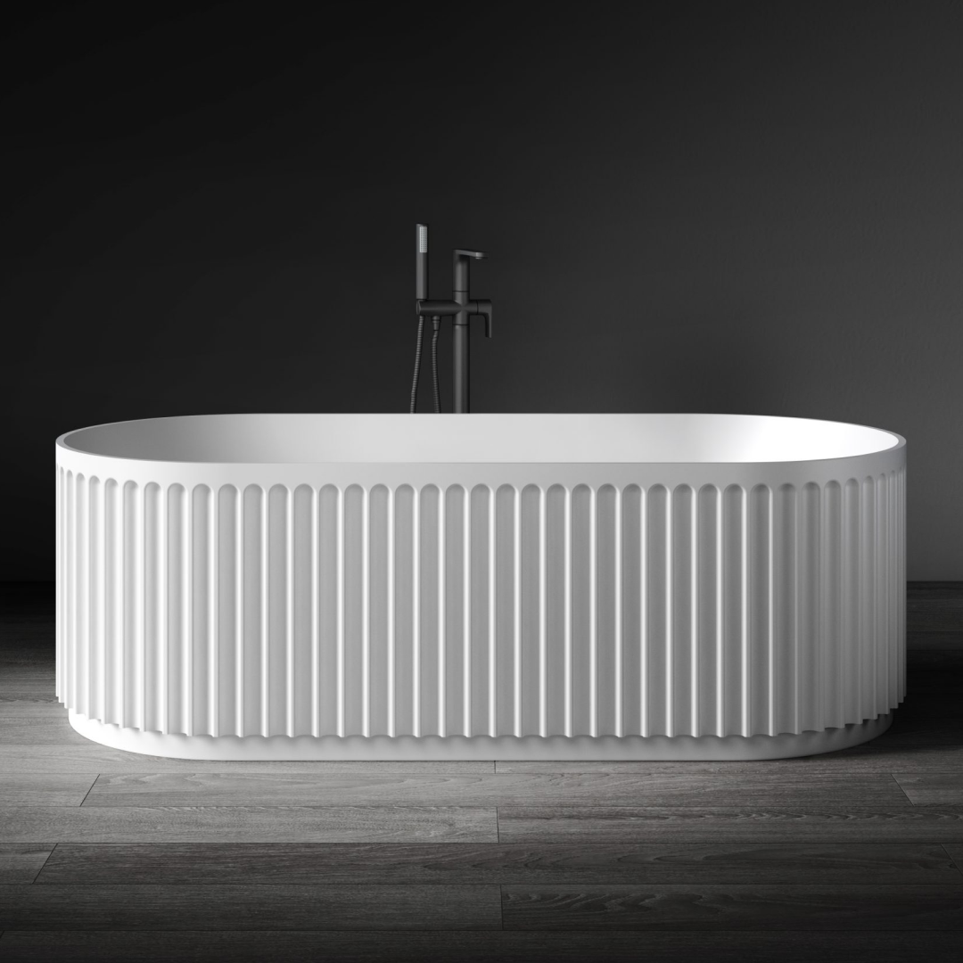 Kaskade Monroe VX16-1700 Freestanding Fluted Stone Bath Includes Overflow - Matte White - VX16-1700-NIK8689NA