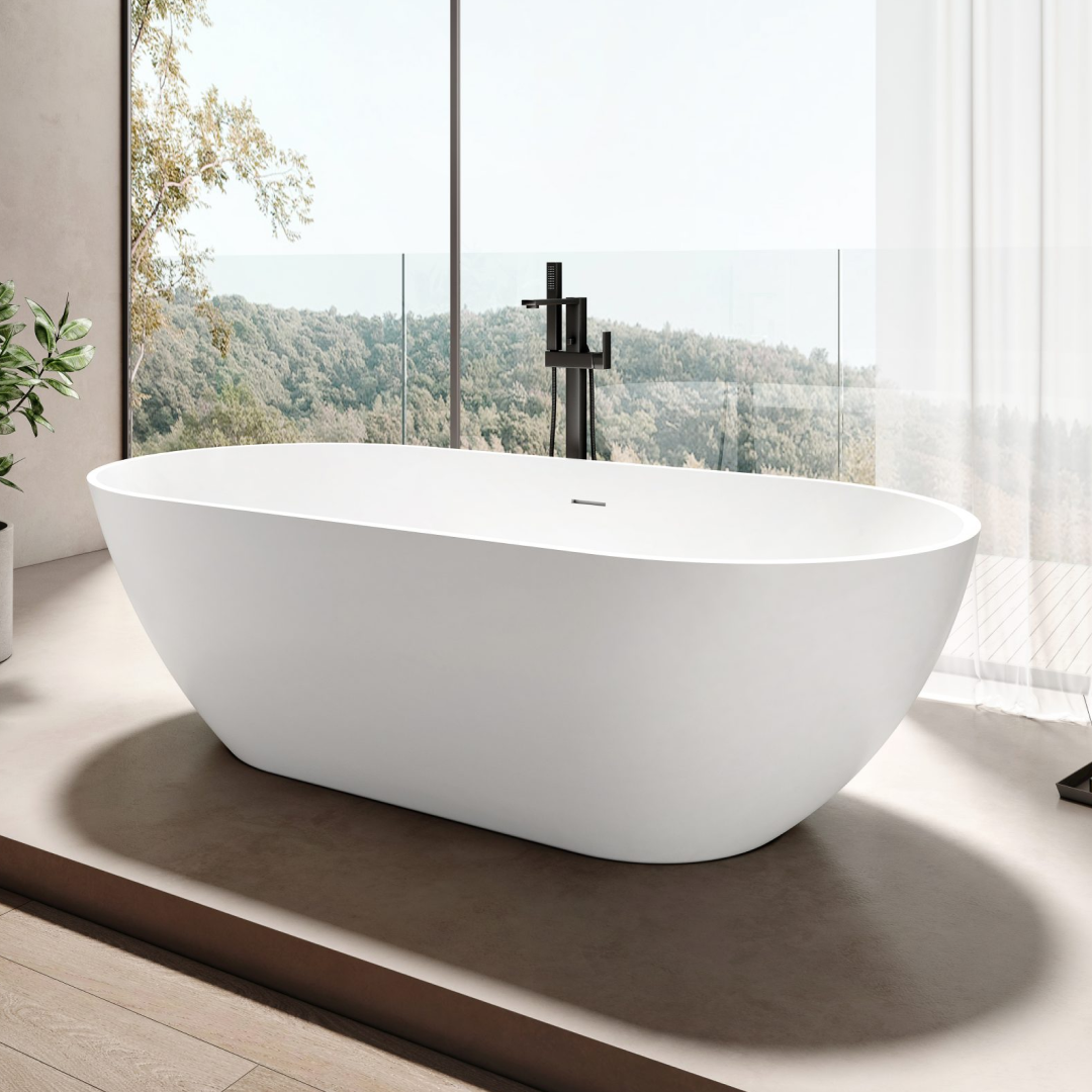 Kaskade Aveo MKII Freestanding Oval Stone Bath Includes Overflow - Matte White VX43-1780 - VX43-1780-NIK8619NA