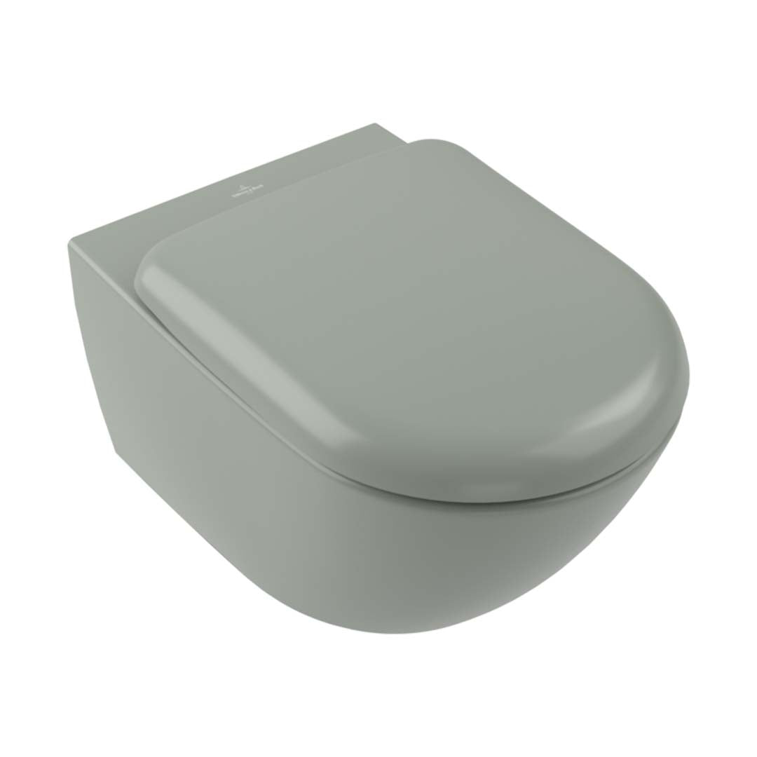 Villeroy & Boch Antao Rimless Wall Hung CeramicPlus Argent Toilet Package - Morning Green - No Flush Plate (Pan & Cistern Only) - 4674T0R8S4B + IN48905