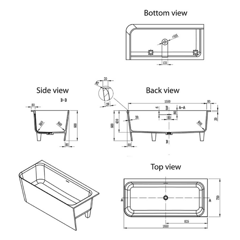 Villeroy & Boch Architectura 1650 CastStone Back to Wall Freestanding Bath - Right Hand Corner