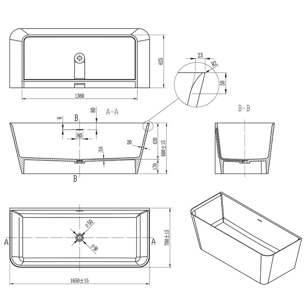 Villeroy & Boch Collaro 1650 CastStone Back to Wall Freestanding Bath - White - UBC165COL2V01
