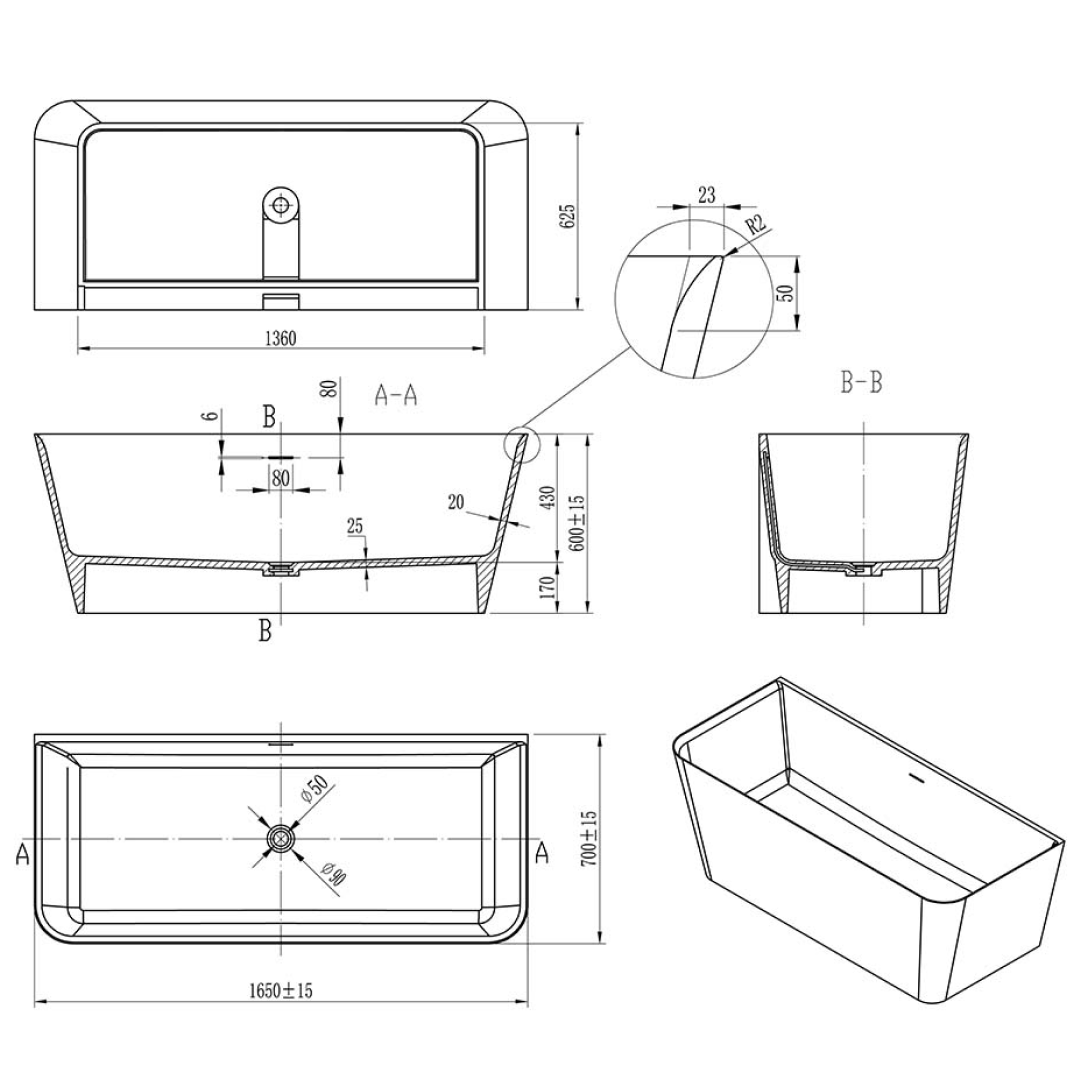 Villeroy & Boch Collaro 1650 CastStone Back to Wall Freestanding Bath - White - UBC165COL2V01