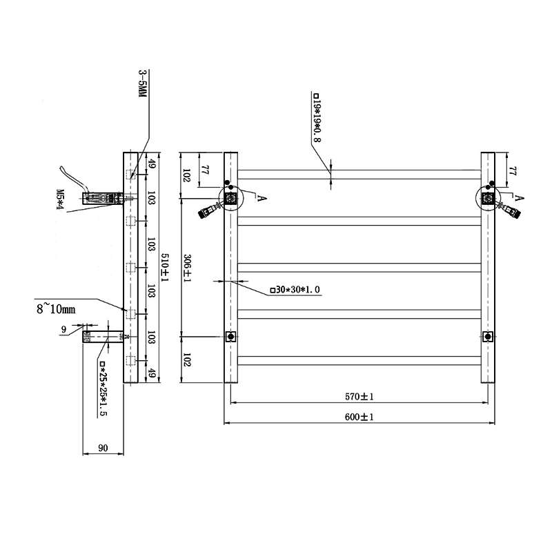 Argent Kubic 600 5 Bar Heated Towel Rail - Cass Brothers