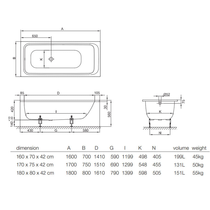 BETTESELECT 1700 DROP IN BATH Specification