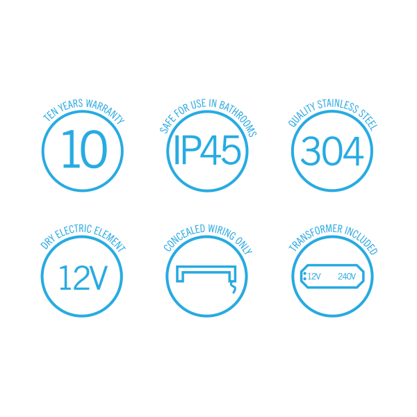 Thermorail 12V Round 450 Single Bar Heated Towel Rail - DSR4 Polished Stainless Steel