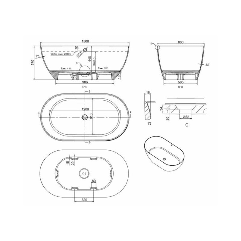 Gareth Ashton Byron Matte Stone Bath - 1500mm